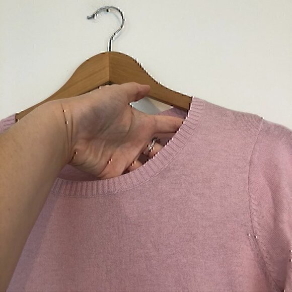 LOGO LORI GOLDSTEIN Cotton Cashmere Sweater with Striped Trim Pink Purple XS - Picture 7 of 12